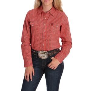 Cinch Women's Red Pearl Print Collared Long Sleeve Snap Shirt Size Small